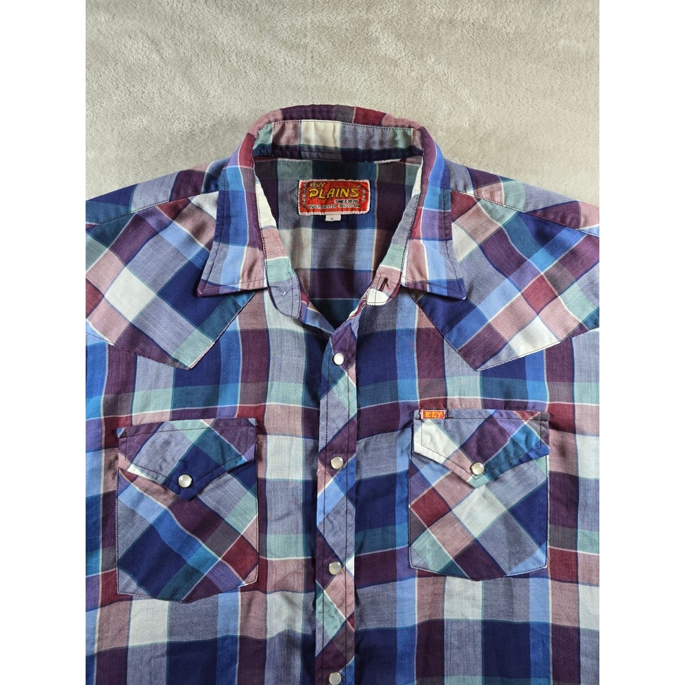 Vintage Ely Plains Western Pearl Snap Shirt Mens Large Plaid Short Sleeve
